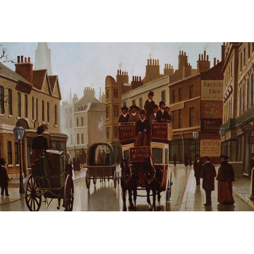 89 - ARR Steven Scholes (b.1952), Edwardian Street scene with horse-drawn omnibus and carriages, oil on c... 