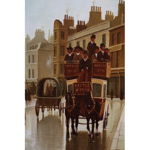 89 - ARR Steven Scholes (b.1952), Edwardian Street scene with horse-drawn omnibus and carriages, oil on c... 