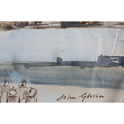 97 - ARR John Glashan (1927-1999), An Ocean liner being hoisted up watched by a seated audience, cartoon ... 