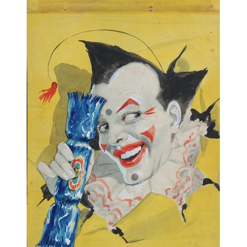 98 - British School c.1930s/40s, Clown, head and shoulders, watercolour and collage, unsigned, 35cm x 27.... 