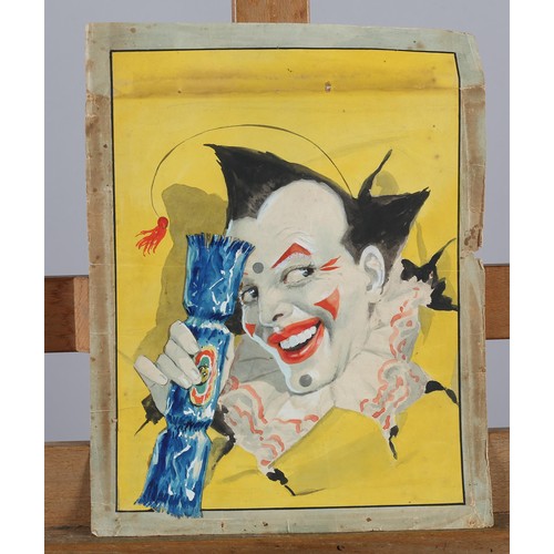 98 - British School c.1930s/40s, Clown, head and shoulders, watercolour and collage, unsigned, 35cm x 27.... 