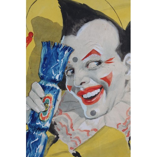 98 - British School c.1930s/40s, Clown, head and shoulders, watercolour and collage, unsigned, 35cm x 27.... 