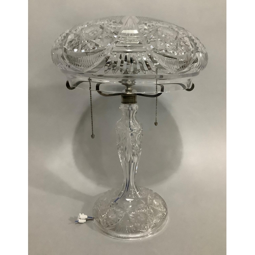 11 - A cut glass table lamp, metal mounted with mushroom shade, 45cm high