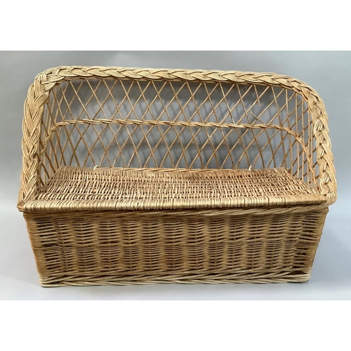 45 - A child's wicker seat with box base, 80cm wide together with a Fortnum and Mason wicker picnic hampe... 