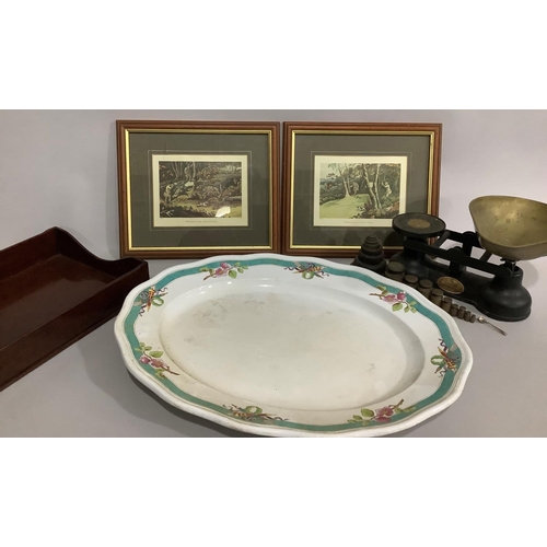 225 - A mahogany tray, a Salters set of scales with weights, a 19th century meat platter together with two... 