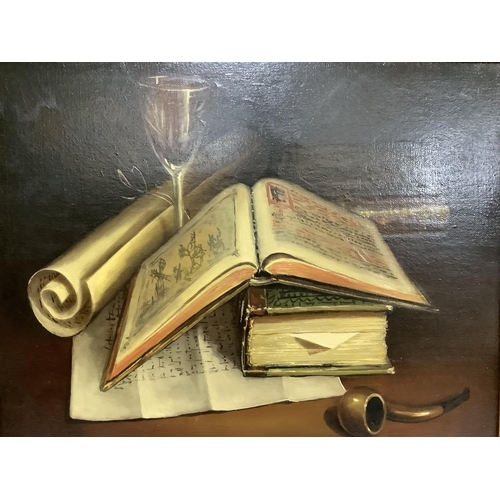 217 - Still life of books, a pipe, a scroll and glass at night, oil on canvas, signed Ochoa to the bottom ... 