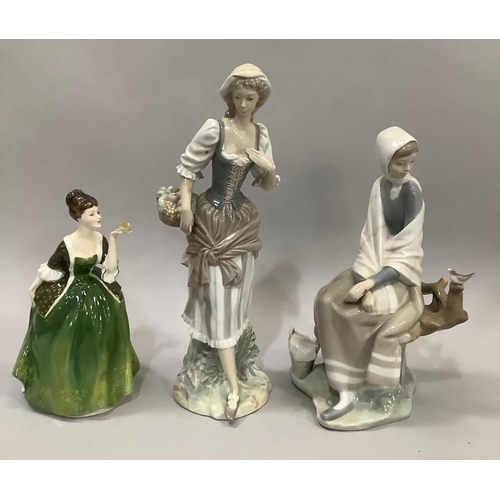 149 - Lladro figure  Girl with Basket, Girl Sitting Watching Bird on Branch and a Royal Doulton Fleur figu... 