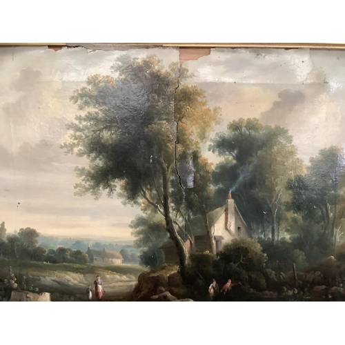 281 - Continental School, 19th century, oil on canvas figures by a river with a cottage, A/F in gilt ornat... 