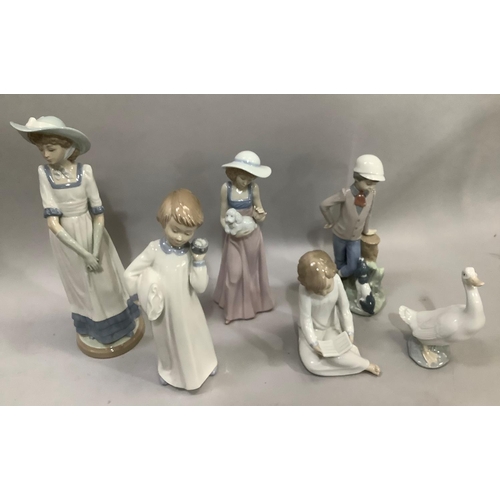 176 - A collection of six Nao figures including a girl with bonnet and gloves, a boy with dog on tree stum... 