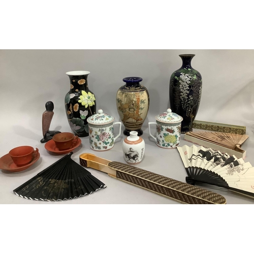 180 - Oriental vase, two lidded mugs, fans, a pair of cups and saucers, a mosaic fan box, etc.