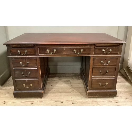 413 - An early 20th century kneehole desk having three drawers across with pull slides and three graduated... 