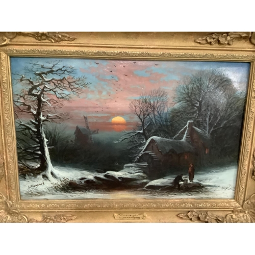 47 - C Maynard, Evening, figures beside a snow covered watermill and windmill at dusk, oil on board, sign... 