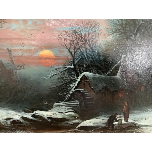 47 - C Maynard, Evening, figures beside a snow covered watermill and windmill at dusk, oil on board, sign... 