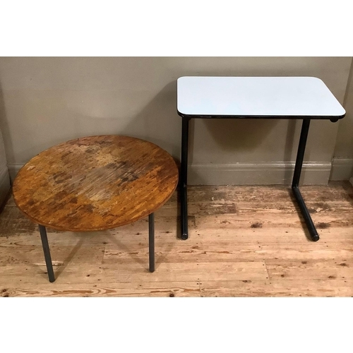 111 - A 1970's circular mahogany coffee table together with a white formica projector table