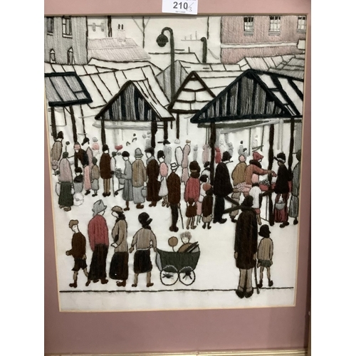 210 - Three needlework panels depicting a market place, industrial town scenes with figures after Lowry, v... 