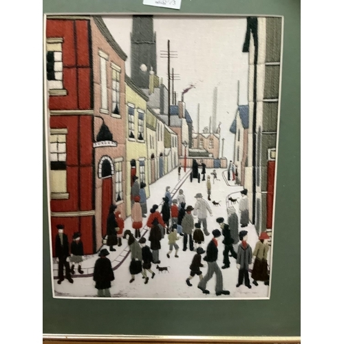 210 - Three needlework panels depicting a market place, industrial town scenes with figures after Lowry, v... 