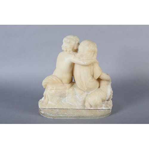 12 - A Victorian alabaster figure group of a young boy and girl the girl in a tunic holding a wreath with... 