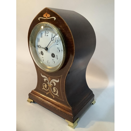 4 - An Art Nouveau inlaid mahogany mantel clock balloon-shaped case, two-train Jules-Rolez movement, 27c... 