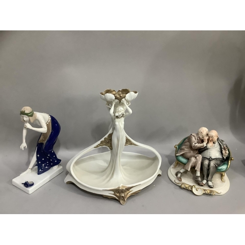 162 - A Capodimonte figure group, 'The Gossips' signed by Gelle together with an Art Nouveau style bisque ... 