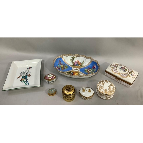 158 - A Meissen dish painted with scenes of figures within panels of blue and white together with several ... 