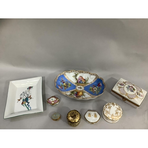 158 - A Meissen dish painted with scenes of figures within panels of blue and white together with several ... 