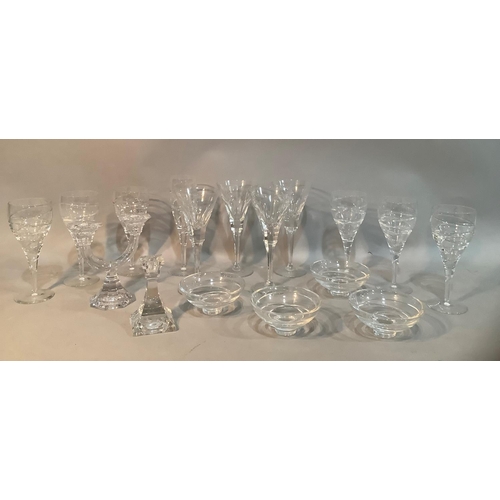 159 - Four cut glass wine glasses with squared stems, six further moulded wine glasses, four matching dess... 