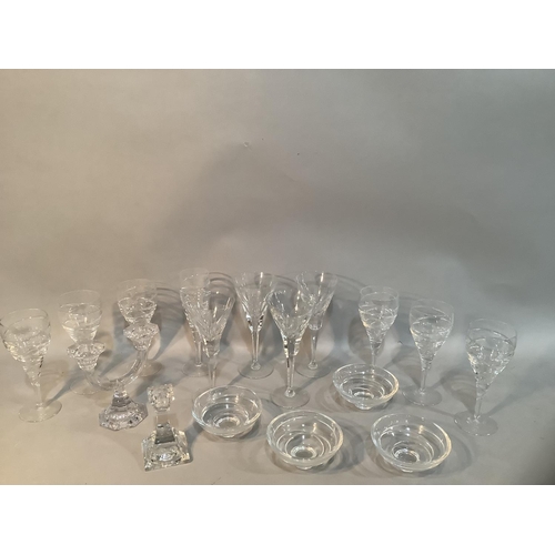 159 - Four cut glass wine glasses with squared stems, six further moulded wine glasses, four matching dess... 
