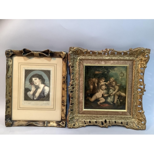 234 - An overpainted print of a classical continental oil depicting cherubs with a lamb 18.5cm x 18cm and ... 