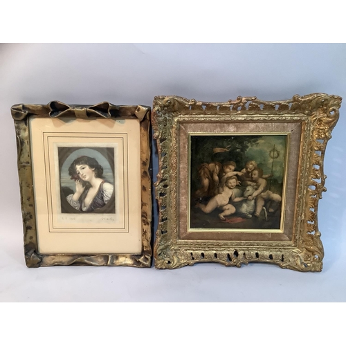234 - An overpainted print of a classical continental oil depicting cherubs with a lamb 18.5cm x 18cm and ... 
