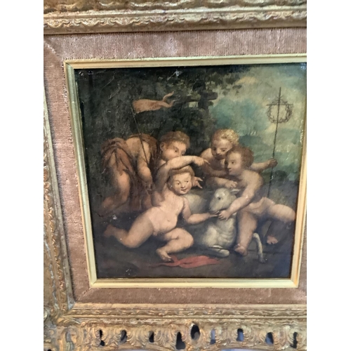 234 - An overpainted print of a classical continental oil depicting cherubs with a lamb 18.5cm x 18cm and ... 