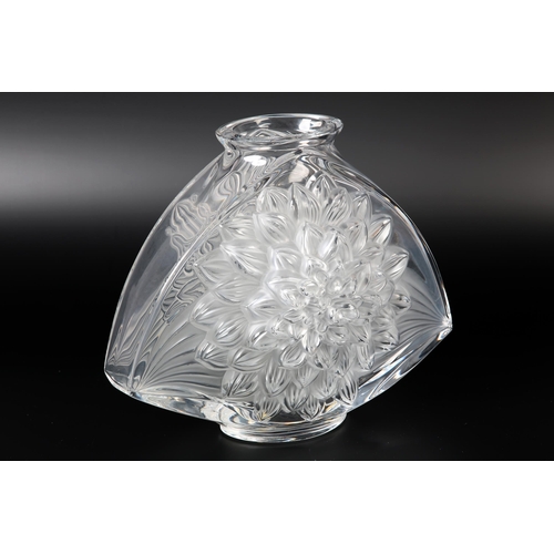 52 - A Lalique 'Dahlia' opaque and clear glass vase of triangular form moulded in relief with dahlia flow... 
