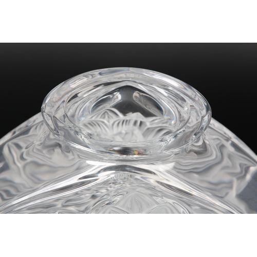 52 - A Lalique 'Dahlia' opaque and clear glass vase of triangular form moulded in relief with dahlia flow... 