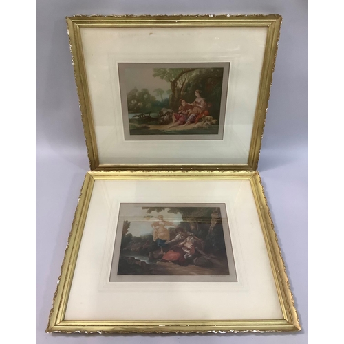 136 - A pair of colour etchings by Hugh H Banner after Boucher, couples in romantic idyll, signed in penci... 