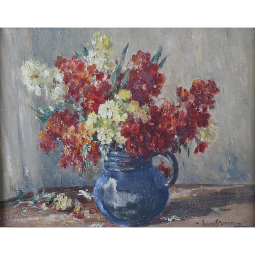 141 - ARR OWEN BOWEN (1873-1987), Still life of wall flowers held in a blue jug on a table, oil on canvas/... 