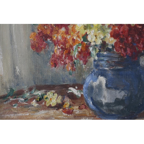 141 - ARR OWEN BOWEN (1873-1987), Still life of wall flowers held in a blue jug on a table, oil on canvas/... 