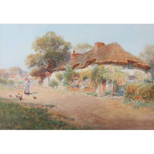 142 - W H FINCH (fl.1900-1930) Mother and Child feeding chickens beside a thatched cottage, watercolour, s... 