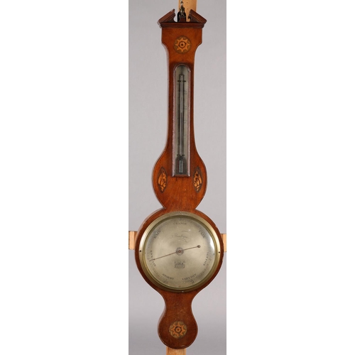 360 - An early 19th century mahogany banjo barometer - thermometer by F. Bealaqua, having broken arch pedi... 