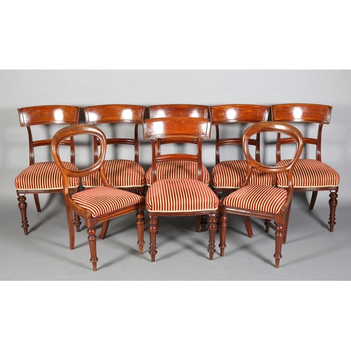 370 - A SET OF SIX VICTORIAN MAHOGANY DINING CHAIRS, each having a bar top rail, upholstered seat on turne... 