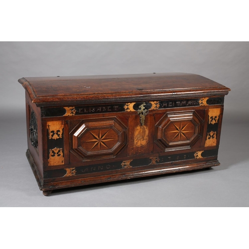 381 - AN 18TH CENTURY DUTCH COLONIAL TEAK AND EBONY TRUNK, having a low domed lid and twin panels to the f... 