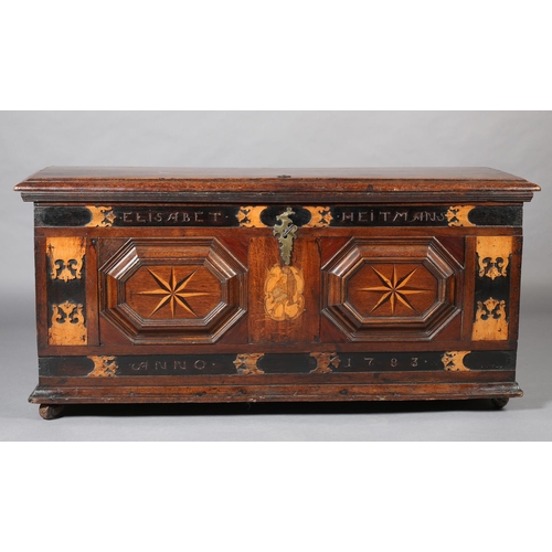 381 - AN 18TH CENTURY DUTCH COLONIAL TEAK AND EBONY TRUNK, having a low domed lid and twin panels to the f... 