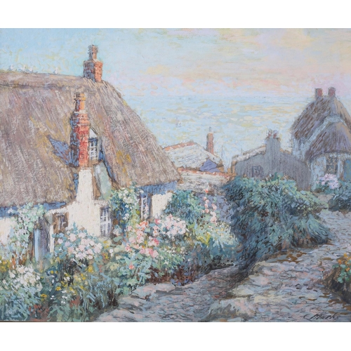 384 - ARR CHARLES E. MARKS. (1917-2007) Thatched cottages by the sea, mixed media, signed to lower right, ... 