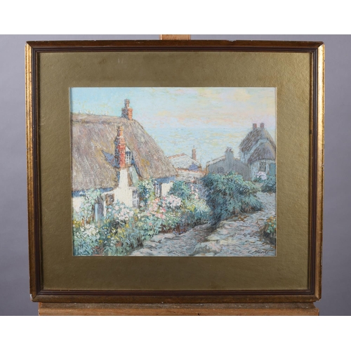 384 - ARR CHARLES E. MARKS. (1917-2007) Thatched cottages by the sea, mixed media, signed to lower right, ... 