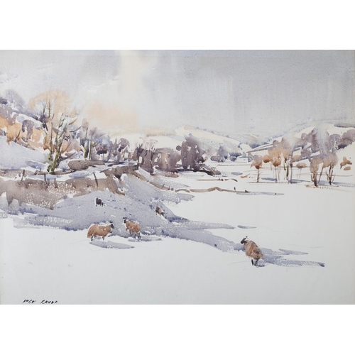 385 - ARR ANGUS RANDS (1922-1985) Snow in Wharfedale, winter  landscape with sheep, watercolour, signed to... 