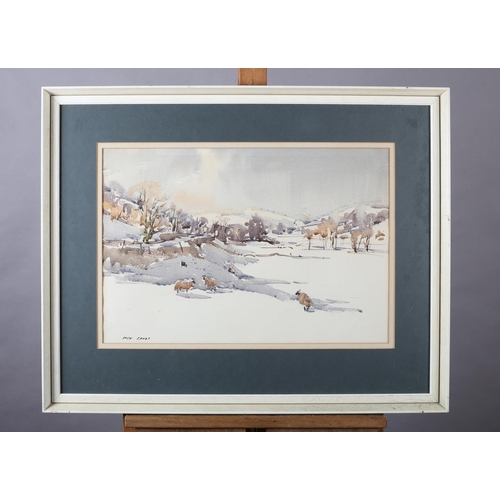 385 - ARR ANGUS RANDS (1922-1985) Snow in Wharfedale, winter  landscape with sheep, watercolour, signed to... 