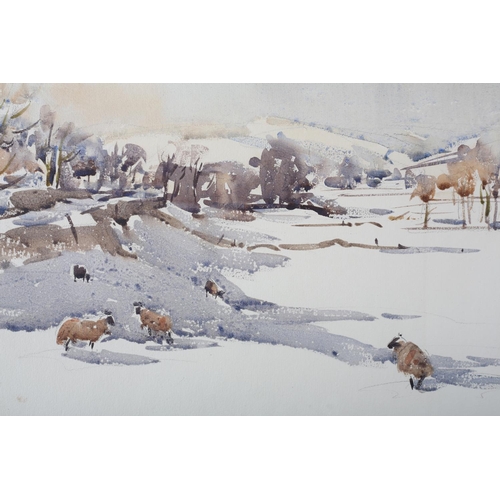 385 - ARR ANGUS RANDS (1922-1985) Snow in Wharfedale, winter  landscape with sheep, watercolour, signed to... 