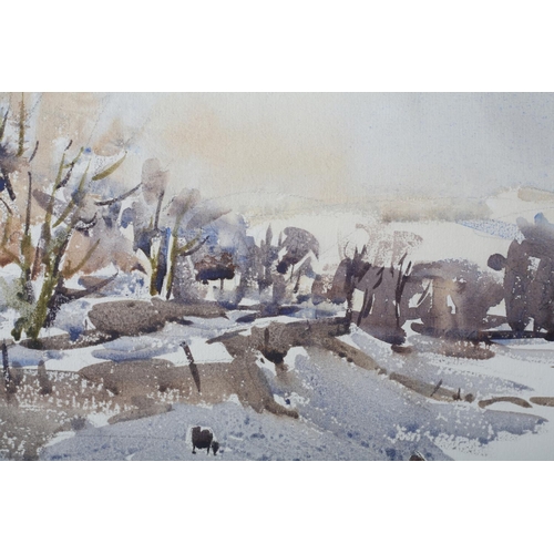 385 - ARR ANGUS RANDS (1922-1985) Snow in Wharfedale, winter  landscape with sheep, watercolour, signed to... 