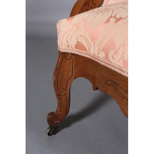 407 - A 19TH CENTURY WALNUT ARMCHAIR, having an encircling frame with pierced and carved foliate cresting ... 