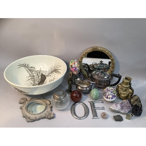 115 - An Aesthetic movement toilet bowl, hand painted, two birds amongst grasses, a gilt moulded mirror, b... 