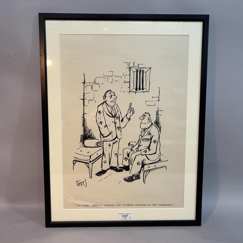 137 - Trois, Prison Cell sketch framed, 47cm x 35.5cm, Robert the Bruce and the Spider and Tax Inspector i... 