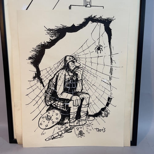 137 - Trois, Prison Cell sketch framed, 47cm x 35.5cm, Robert the Bruce and the Spider and Tax Inspector i... 